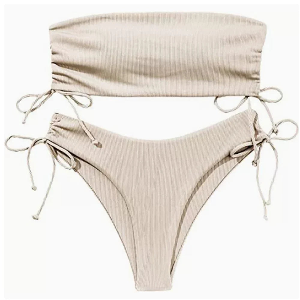 Saint Laruso Low Waist Swimwear New Solid Bandeau Bikini Set Women Push Up Drawstring Beachwear Swimsuit Backless bathing suit