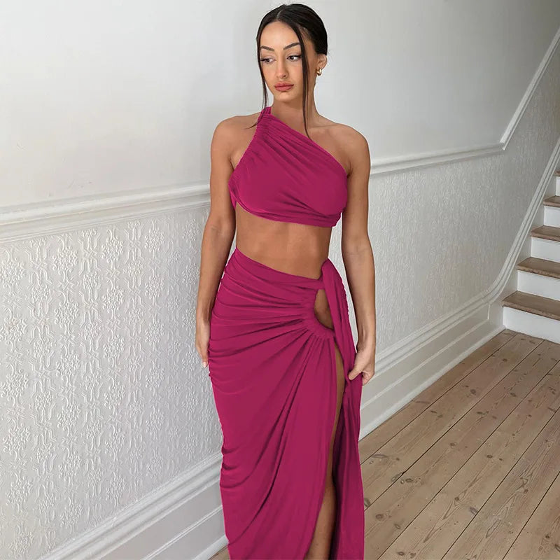 Saint Laruso Women Summer 2 Pieces Outfits Solid Color Oblique Shoulder Sleeveless Sexy Tops Wrapped Hip High Waist Slit Long Skirts Sets