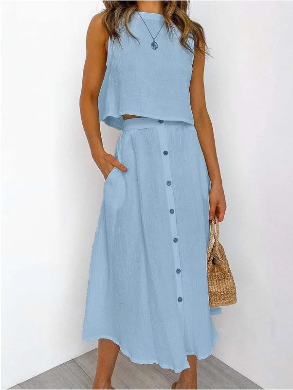 Saint Laruso Summer Outfits For Women 2025 New Casual Cotton Linen Suit Loose Sleeveless Vest Single-breasted Skirt 2 Piece Set Women Outfit