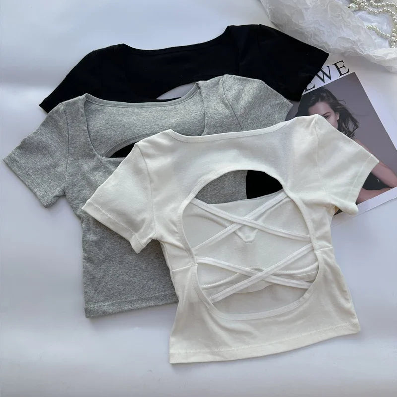 Saint Laruso Summer Woman T-shirt Clothing Square Neckline Tops Short Sleeved Crop Top with Bras Girls Sexy Street Wear Backless Top Tees