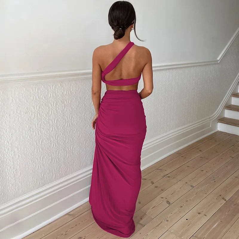 Saint Laruso Women Summer 2 Pieces Outfits Solid Color Oblique Shoulder Sleeveless Sexy Tops Wrapped Hip High Waist Slit Long Skirts Sets