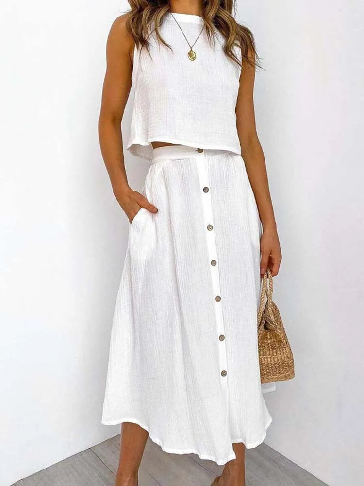 Saint Laruso Summer Outfits For Women 2025 New Casual Cotton Linen Suit Loose Sleeveless Vest Single-breasted Skirt 2 Piece Set Women Outfit