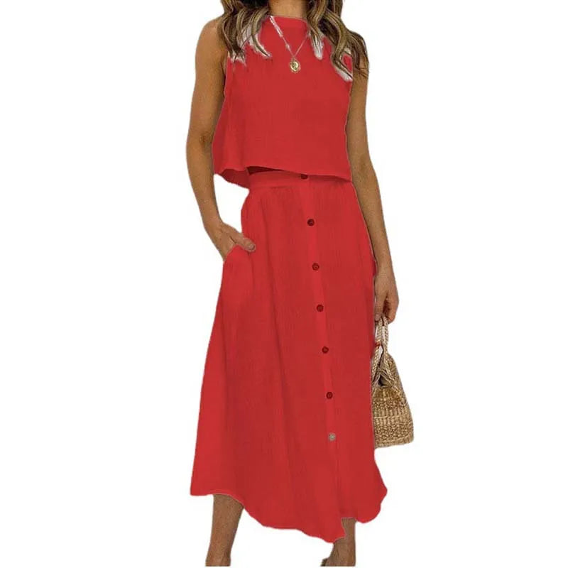 Saint Laruso Summer Outfits For Women 2025 New Casual Cotton Linen Suit Loose Sleeveless Vest Single-breasted Skirt 2 Piece Set Women Outfit