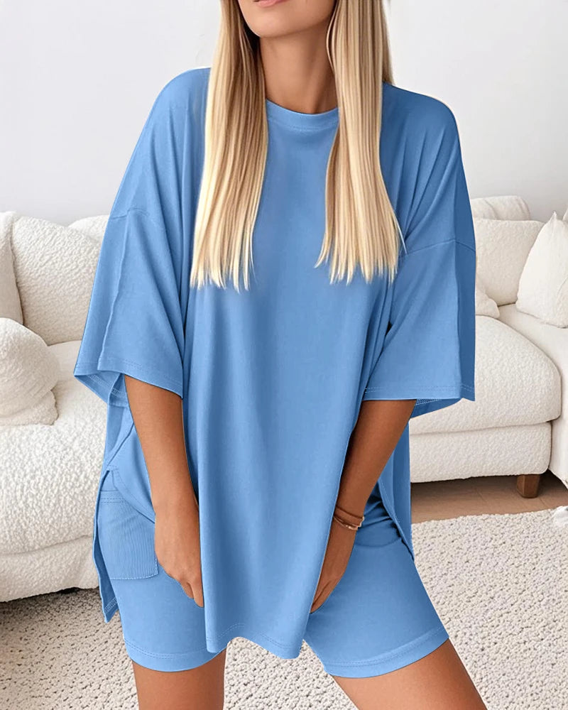 Saint Laruso Round Neck Short Sleeve Slit Oversized Top and Casual Shorts Set with Single Pocket