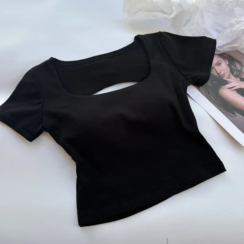 Saint Laruso Summer Woman T-shirt Clothing Square Neckline Tops Short Sleeved Crop Top with Bras Girls Sexy Street Wear Backless Top Tees