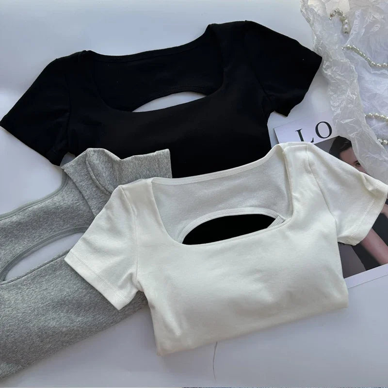 Saint Laruso Summer Woman T-shirt Clothing Square Neckline Tops Short Sleeved Crop Top with Bras Girls Sexy Street Wear Backless Top Tees