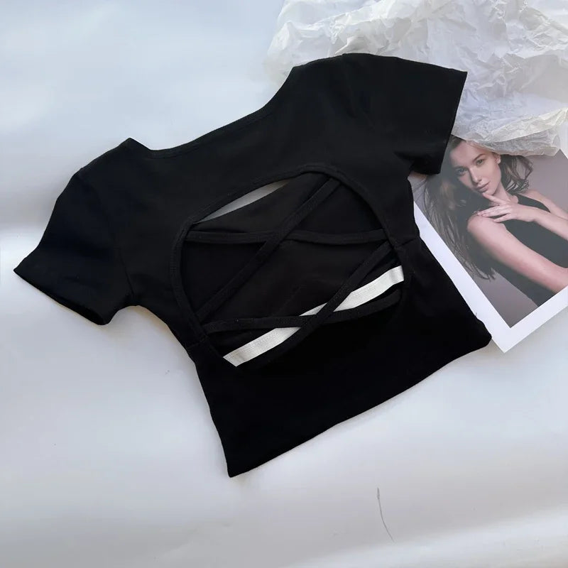 Saint Laruso Summer Woman T-shirt Clothing Square Neckline Tops Short Sleeved Crop Top with Bras Girls Sexy Street Wear Backless Top Tees