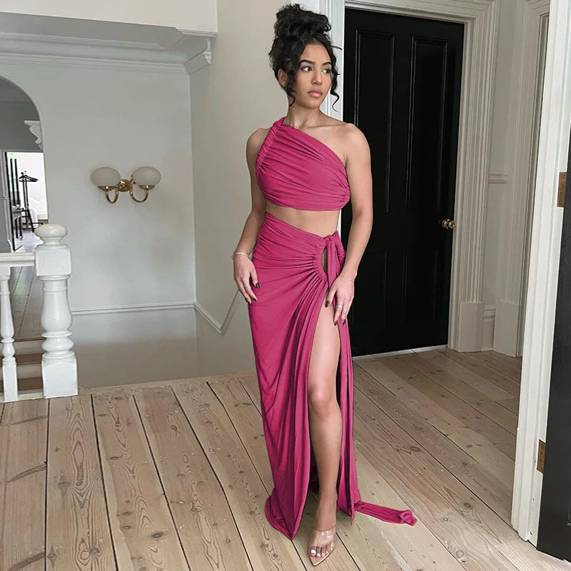 Saint Laruso Women Summer 2 Pieces Outfits Solid Color Oblique Shoulder Sleeveless Sexy Tops Wrapped Hip High Waist Slit Long Skirts Sets