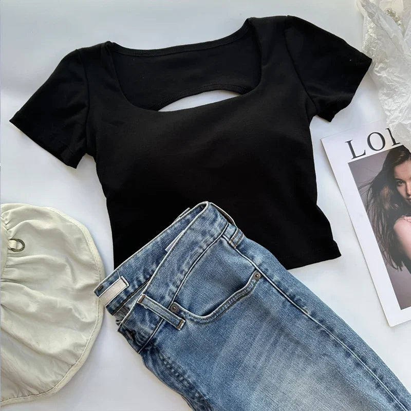Saint Laruso Summer Woman T-shirt Clothing Square Neckline Tops Short Sleeved Crop Top with Bras Girls Sexy Street Wear Backless Top Tees