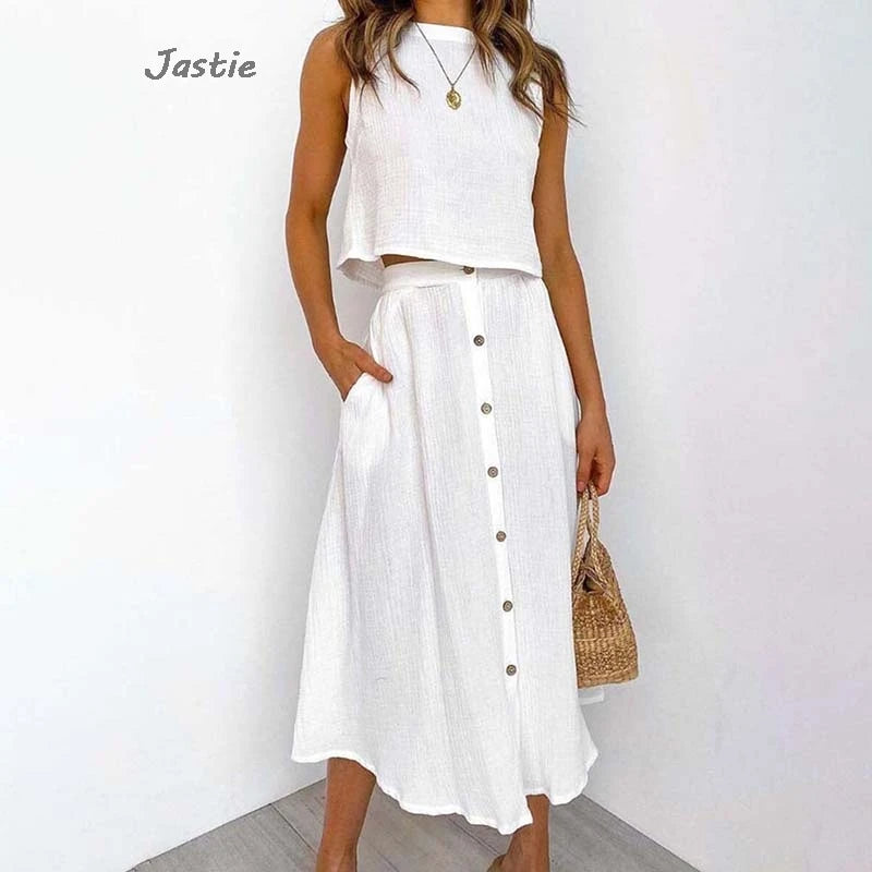 Saint Laruso Summer Outfits For Women 2025 New Casual Cotton Linen Suit Loose Sleeveless Vest Single-breasted Skirt 2 Piece Set Women Outfit