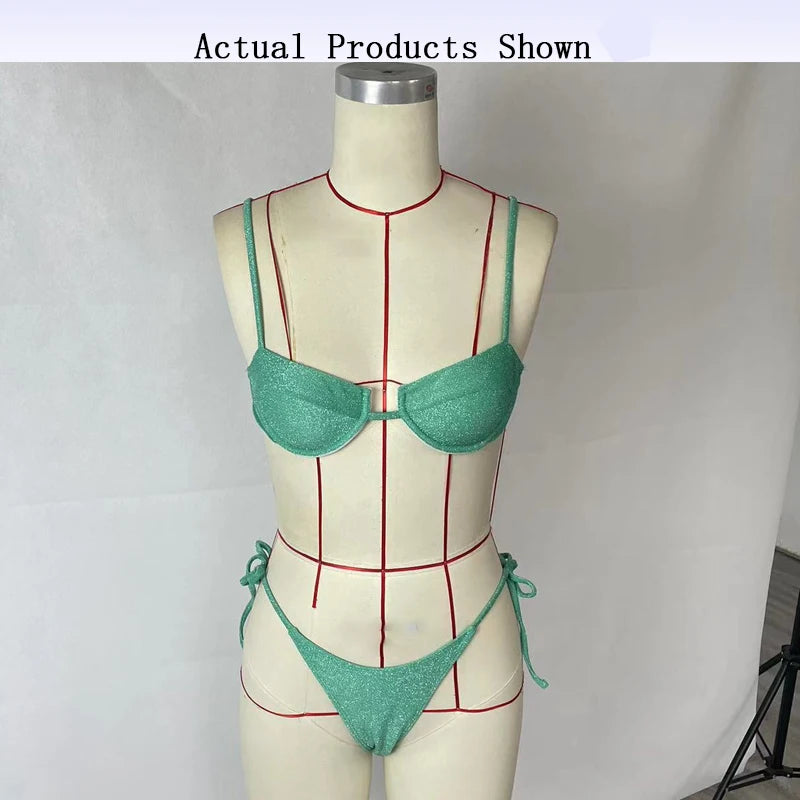 Saint Laruso Women's Bikini Two Piece Fashion Sexy Solid Glossy Lace Up Suspender High Waist Backless Beach Vacation Swimsuit