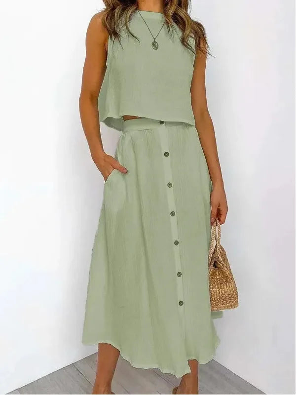 Saint Laruso Summer Outfits For Women 2025 New Casual Cotton Linen Suit Loose Sleeveless Vest Single-breasted Skirt 2 Piece Set Women Outfit