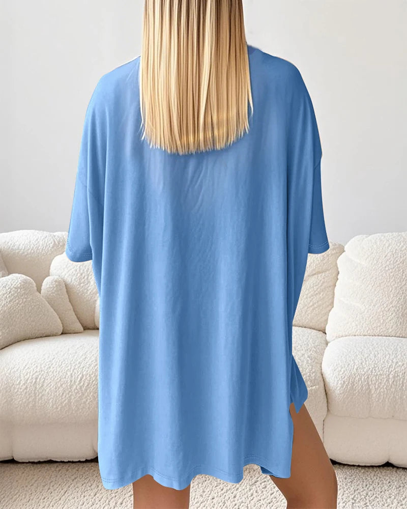 Saint Laruso Round Neck Short Sleeve Slit Oversized Top and Casual Shorts Set with Single Pocket
