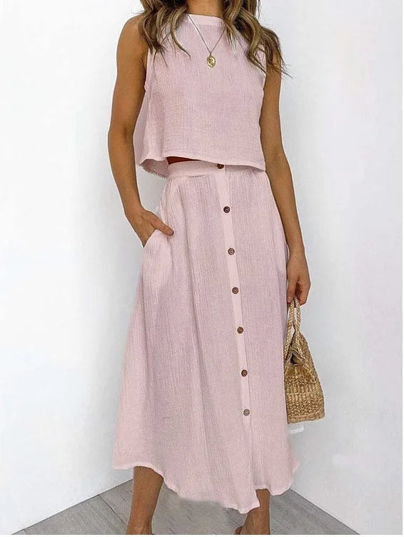 Saint Laruso Summer Outfits For Women 2025 New Casual Cotton Linen Suit Loose Sleeveless Vest Single-breasted Skirt 2 Piece Set Women Outfit