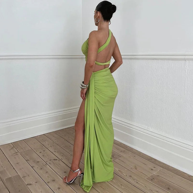 Saint Laruso Women Summer 2 Pieces Outfits Solid Color Oblique Shoulder Sleeveless Sexy Tops Wrapped Hip High Waist Slit Long Skirts Sets
