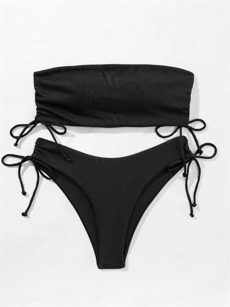 Saint Laruso Low Waist Swimwear New Solid Bandeau Bikini Set Women Push Up Drawstring Beachwear Swimsuit Backless bathing suit