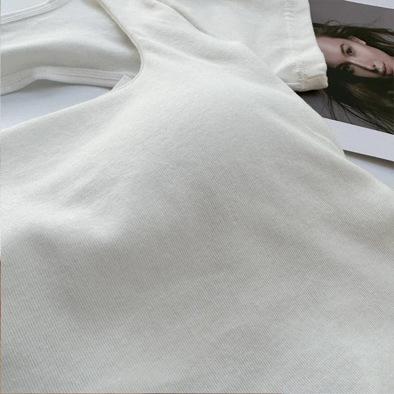 Saint Laruso Summer Woman T-shirt Clothing Square Neckline Tops Short Sleeved Crop Top with Bras Girls Sexy Street Wear Backless Top Tees