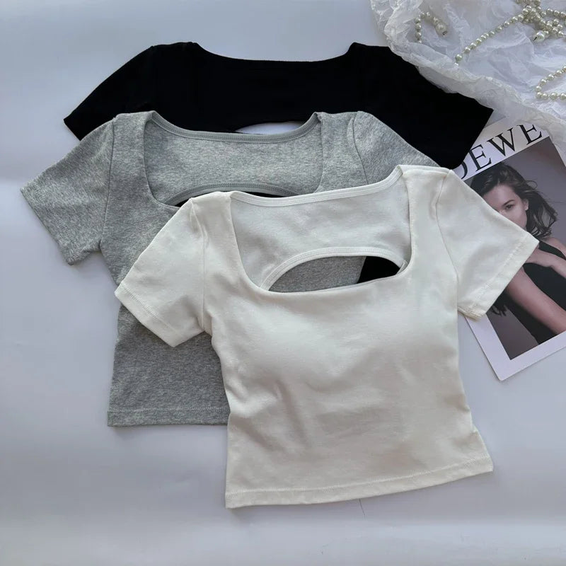 Saint Laruso Summer Woman T-shirt Clothing Square Neckline Tops Short Sleeved Crop Top with Bras Girls Sexy Street Wear Backless Top Tees