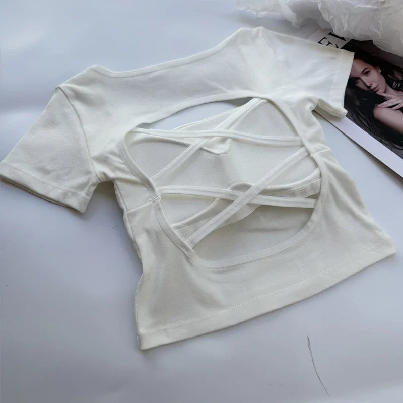 Saint Laruso Summer Woman T-shirt Clothing Square Neckline Tops Short Sleeved Crop Top with Bras Girls Sexy Street Wear Backless Top Tees