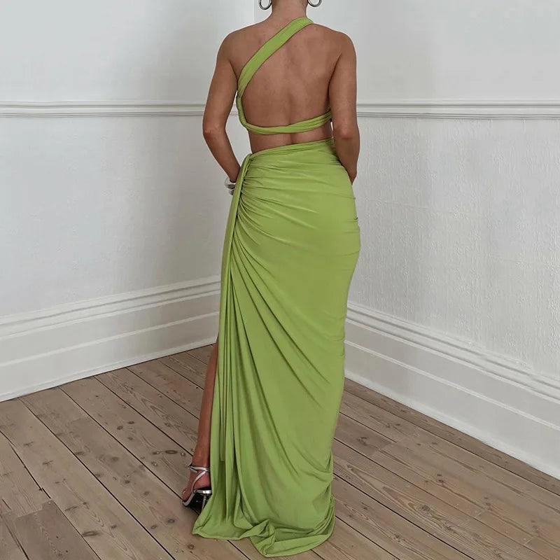 Saint Laruso Women Summer 2 Pieces Outfits Solid Color Oblique Shoulder Sleeveless Sexy Tops Wrapped Hip High Waist Slit Long Skirts Sets