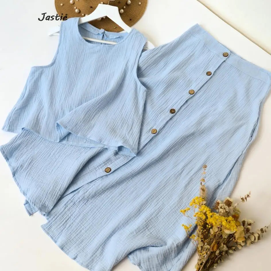 Saint Laruso Summer Outfits For Women 2025 New Casual Cotton Linen Suit Loose Sleeveless Vest Single-breasted Skirt 2 Piece Set Women Outfit