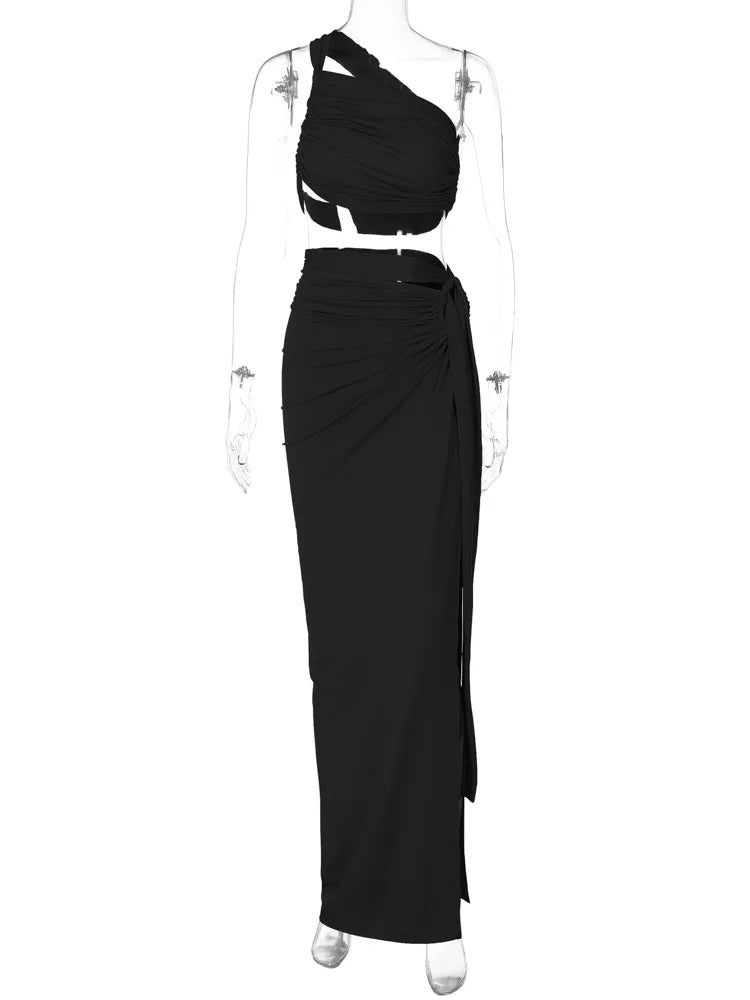 Saint Laruso Women Summer 2 Pieces Outfits Solid Color Oblique Shoulder Sleeveless Sexy Tops Wrapped Hip High Waist Slit Long Skirts Sets