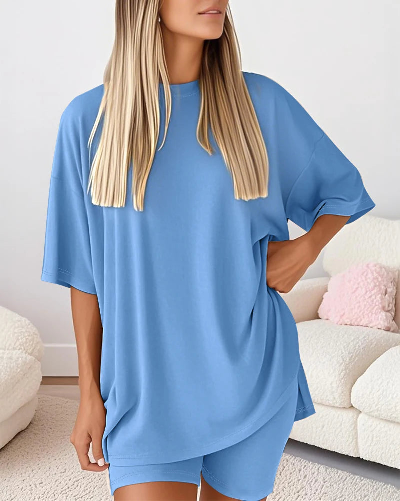 Saint Laruso Round Neck Short Sleeve Slit Oversized Top and Casual Shorts Set with Single Pocket