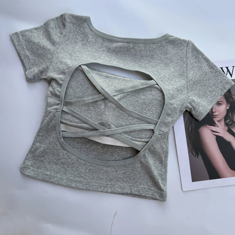 Saint Laruso Summer Woman T-shirt Clothing Square Neckline Tops Short Sleeved Crop Top with Bras Girls Sexy Street Wear Backless Top Tees