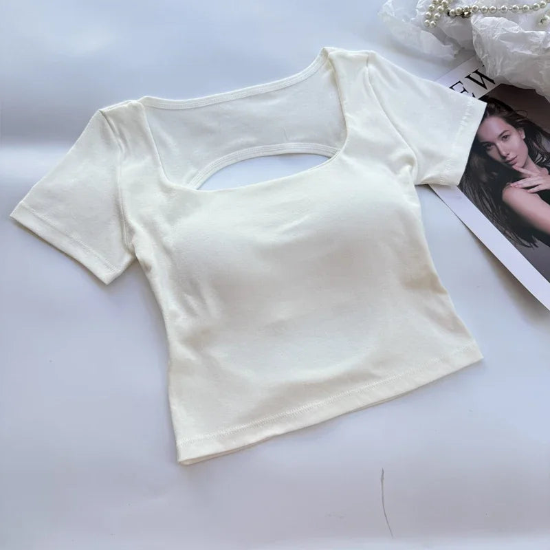 Saint Laruso Summer Woman T-shirt Clothing Square Neckline Tops Short Sleeved Crop Top with Bras Girls Sexy Street Wear Backless Top Tees