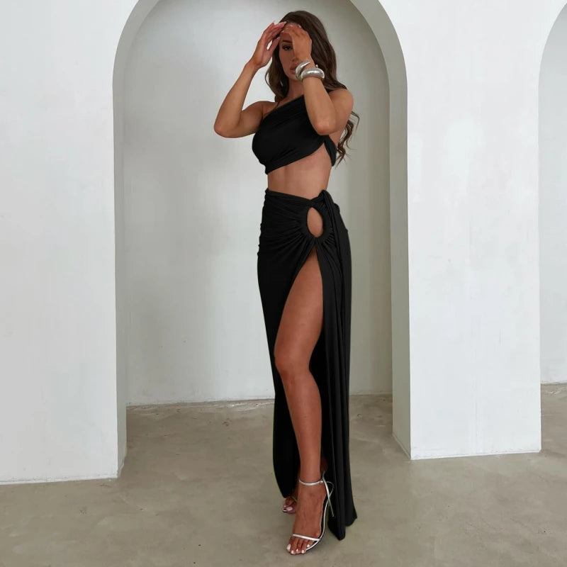 Saint Laruso Women Summer 2 Pieces Outfits Solid Color Oblique Shoulder Sleeveless Sexy Tops Wrapped Hip High Waist Slit Long Skirts Sets