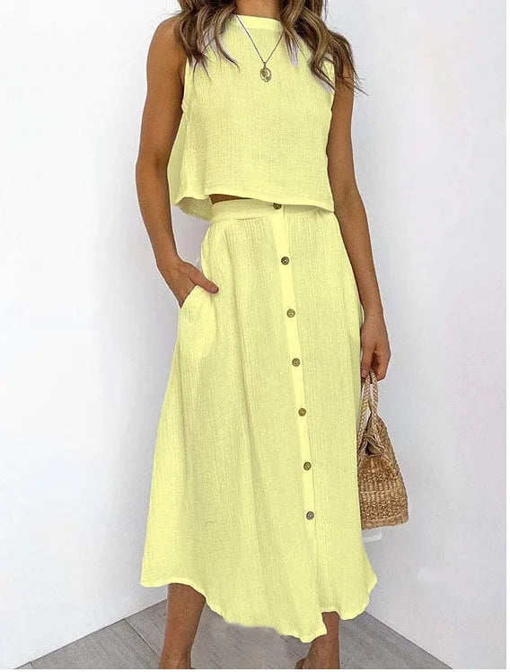 Saint Laruso Summer Outfits For Women 2025 New Casual Cotton Linen Suit Loose Sleeveless Vest Single-breasted Skirt 2 Piece Set Women Outfit